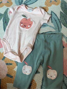 Petit Lem Pink Apple Bodysuit & Sage Apple Leggings Set